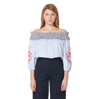 Blue striped embroidered Bardot top